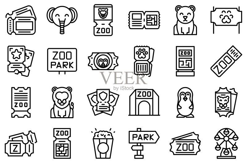 动物园门票图标集轮廓矢量图:动物猴子图标素材