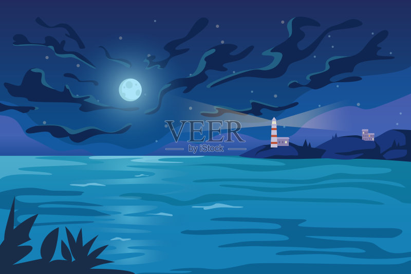 夜晚海景,海洋、月亮和云彩,悬崖和灯塔的矢量海景,海洋景观、热带风光和海岸线旅游,扁平卡通插画图片素材