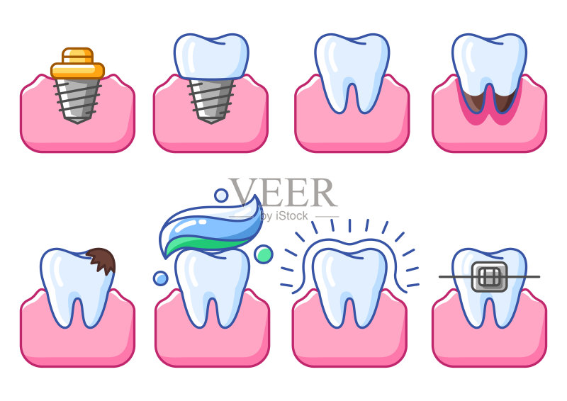 牙齿插画:牙科与医疗保健图标,口腔医学用品图标素材