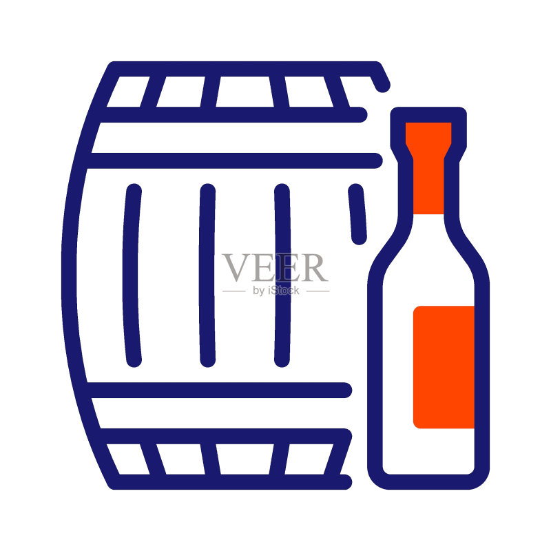 葡萄酒桶和酒瓶线条图标图标素材