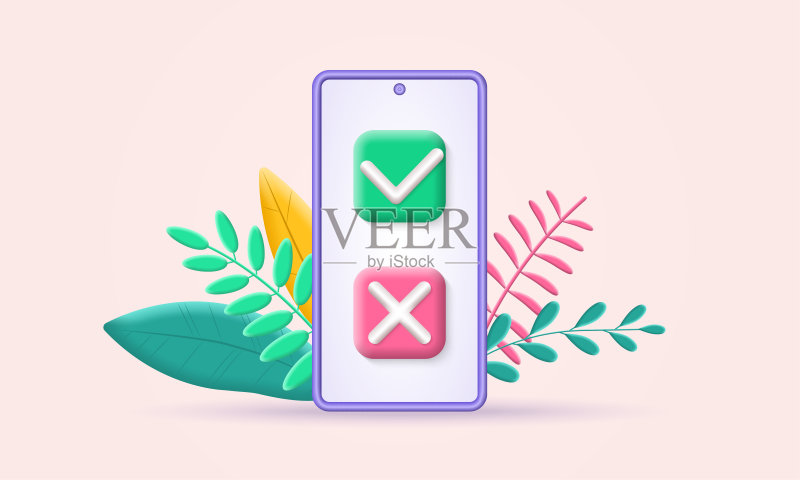 带勾号和叉号的3D手机图标,智能手机屏幕的是与否按钮,矢量图图标素材