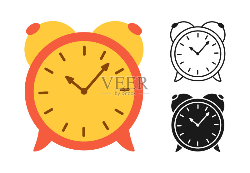 闹钟图标卡通涂鸦线条集合,手表时间符号,唤醒小时,老式复古时钟标志图标素材