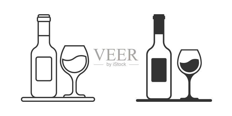 扁平风格的葡萄酒杯和酒瓶图标。香槟饮料矢量图在孤立背景上。鸡尾酒饮品标志商业理念。图标素材