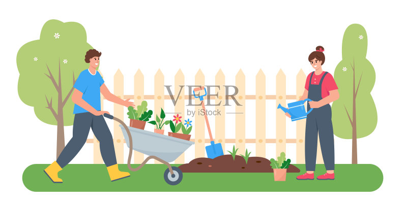 园丁男女在花园或城市公园工作。正版插画素材