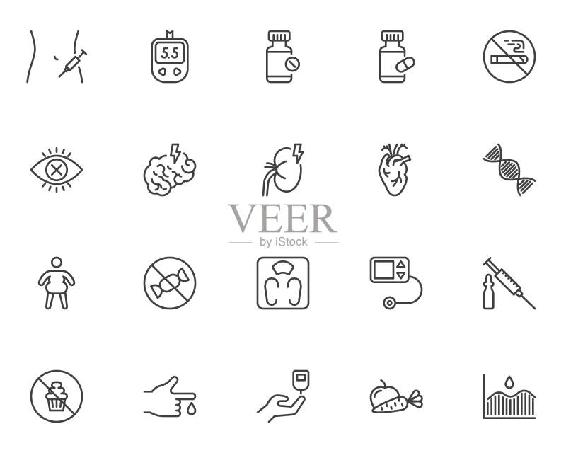 糖尿病治疗线性图标集图标素材