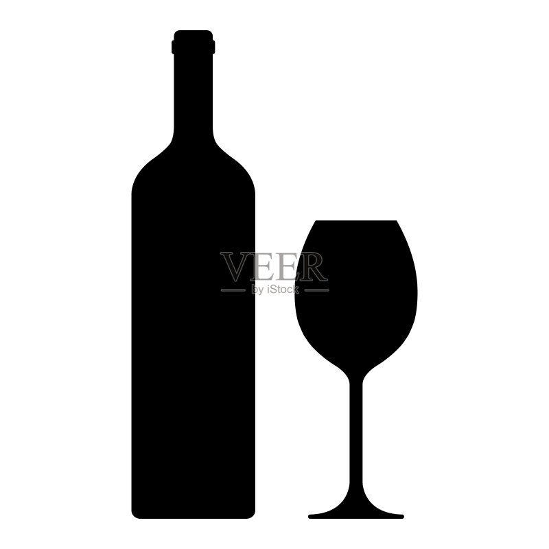 葡萄酒瓶与酒杯图标矢量图:黑色轮廓的瓶子和玻璃杯,白色背景图标素材