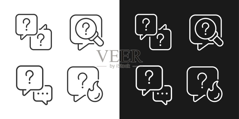 问号和语音气泡线性图标集,适用于深色、浅色模式图标素材