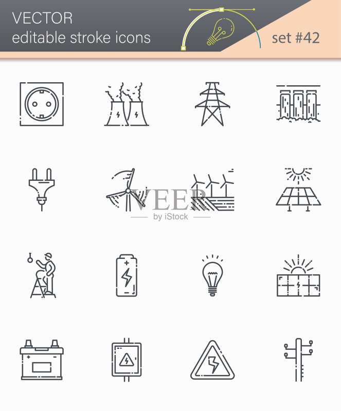 电源和电力线性图标矢量素材(可编辑描边,透明背景)图标素材