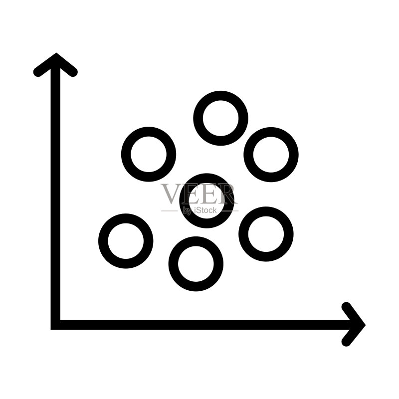 商业系列散点图图标。在白色背景上隔离的细线性散点图、数据、演示文稿轮廓图标。用于Web和移动设备的线性矢量散点图标志、符号。图标素材