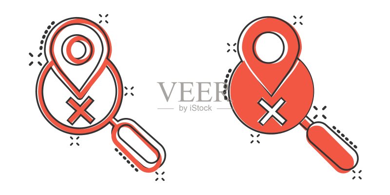漫画风格放大镜地图图钉,GPS导航卡通矢量插图图标素材