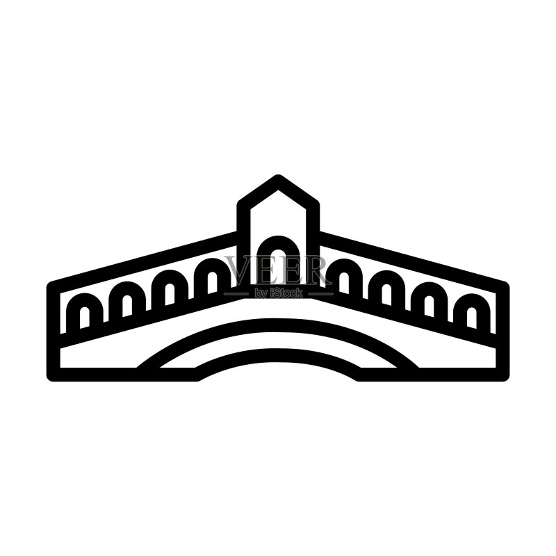 建筑系列之里亚托桥图标。细线条里亚托桥、城市建筑轮廓图标,隔离于白色背景。用于网页和移动设备的线条矢量里亚托桥标志、符号。图标素材
