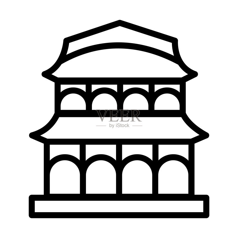 建筑系列中的中国寺庙图标。细线条中国寺庙、中国、东方轮廓图标,与白色背景隔离。用于网页和移动设备的线性矢量中国寺庙标志、符号。图标素材