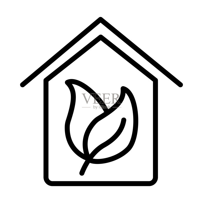 生态系列绿色温室图标。白色背景上的细线条绿色温室、房屋、建筑轮廓图标。用于网站和移动设备的线性矢量绿色温室标志、符号图标素材