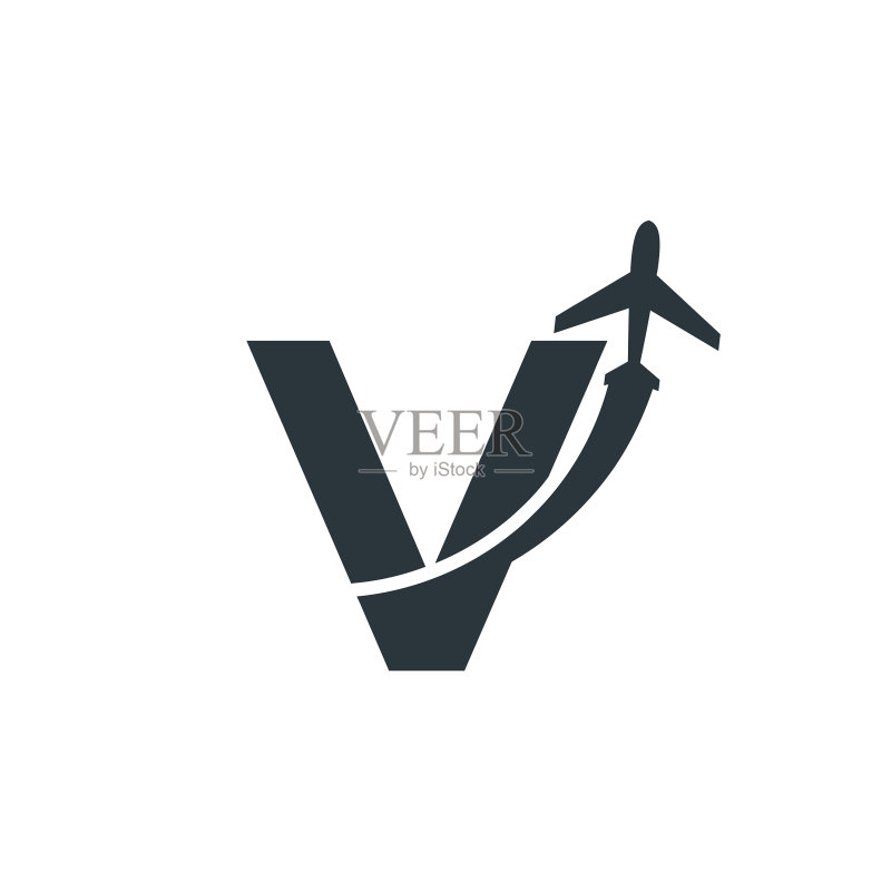 字母V旅行与飞机飞行Logo图标素材