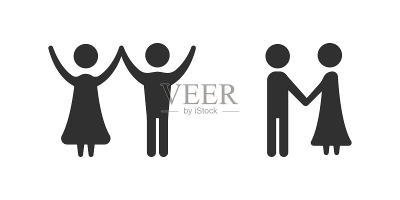 恋爱中的人矢量图标。男人和女人手牵着手。恋爱中的情侣。人们举起手。图标素材