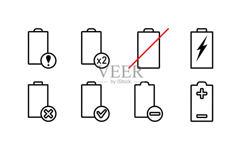 电池细线图标集。具有不同电量指示器的电池。用于网站或移动应用程序的简单扁平矢量图图标素材