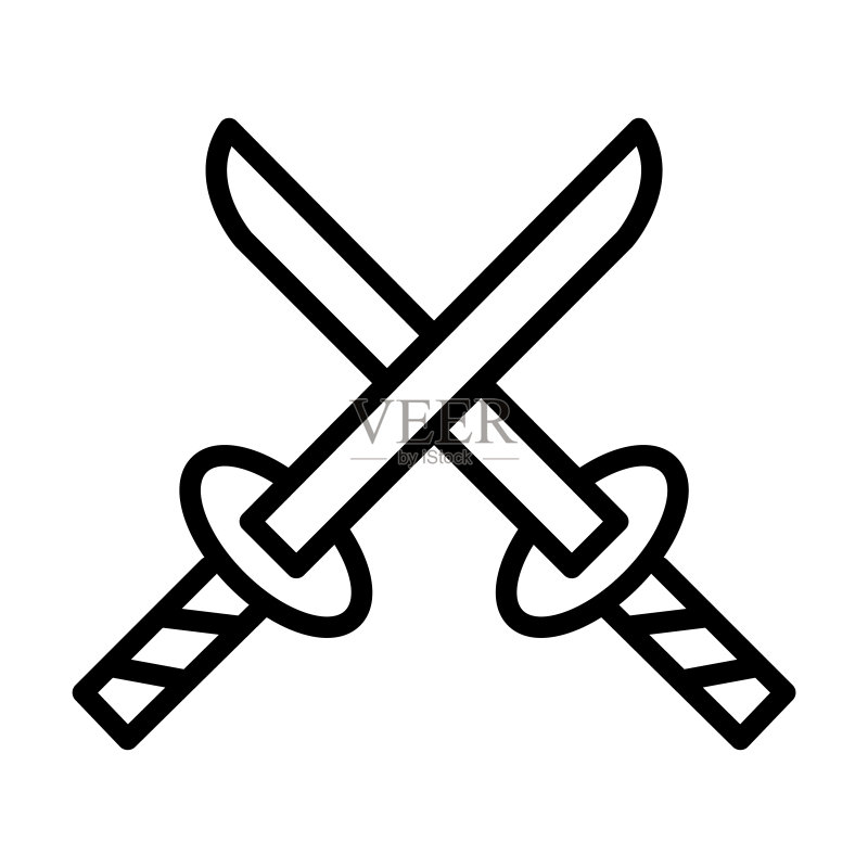 武器系列中的双武士刀图标。白背景上细线条的双武士刀、日本、武士刀轮廓图标。用于网络和移动的线条双武士刀标志、符号图标素材