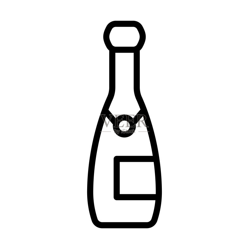 食品系列中的香槟酒瓶图标。细线性香槟酒瓶、瓶子、庆典轮廓图标,与白色背景隔离。线条矢量香槟酒瓶标志,用于网站和移动设备。图标素材