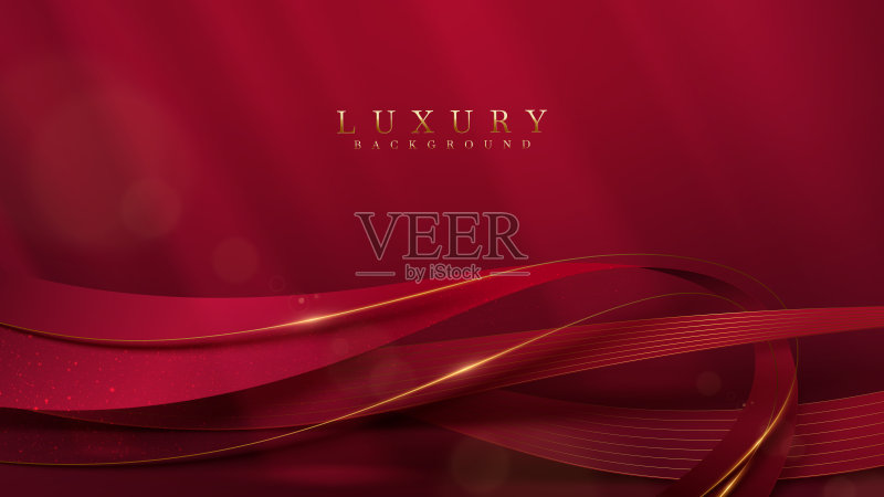 奢华的金色缎带在红色的背景与闪光的光效果和光束元素和散景装饰正版插画素材