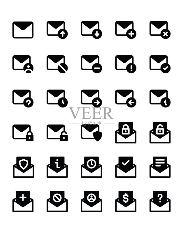 电子邮件图标集30个,白色背景上隔离图标素材