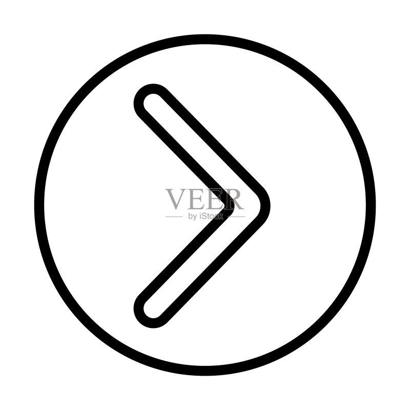 用户界面系列中的向右按钮图标。白色背景上孤立的细线性向右按钮、圆形、按钮轮廓图标。网页和移动设备的线条矢量向右按钮标志、符号图标素材
