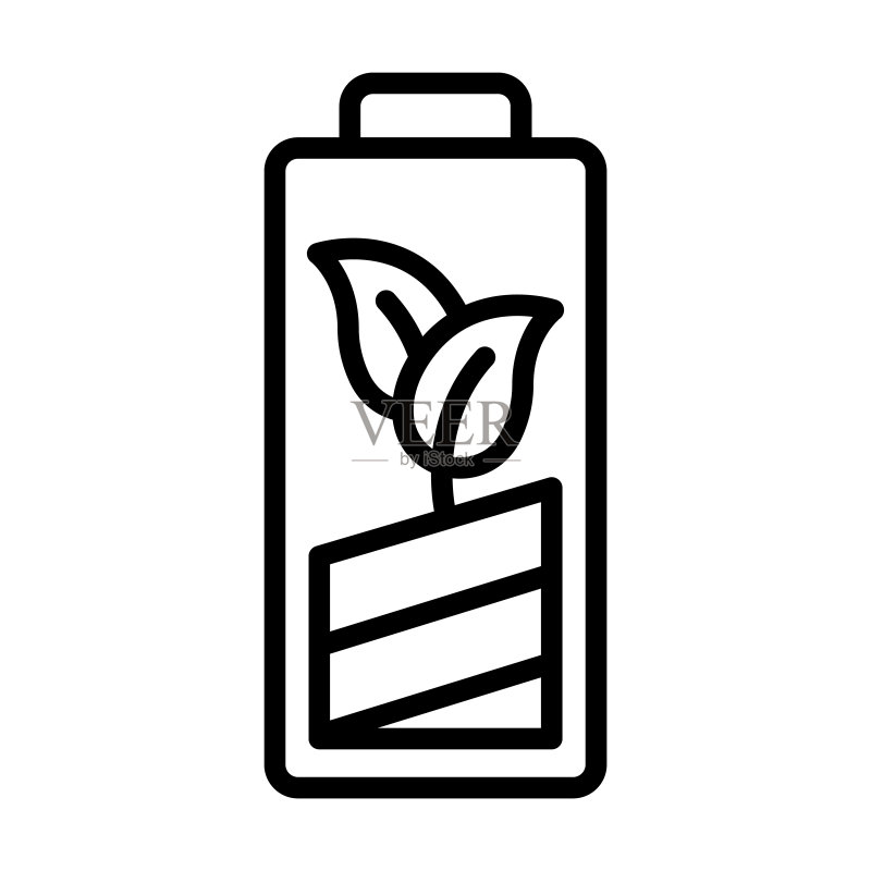 通用系列环保电池图标。在白色背景上隔离的细线性环保电池、能量、电池轮廓图标。用于Web和移动设备的线条矢量环保电池标志、符号图标素材