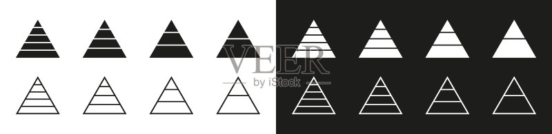 金字塔图标。白色和黑色背景上的图形金字塔标志。具有3个部分的线条轮廓。用于信息图表和演示的三角形。矢量图标素材
