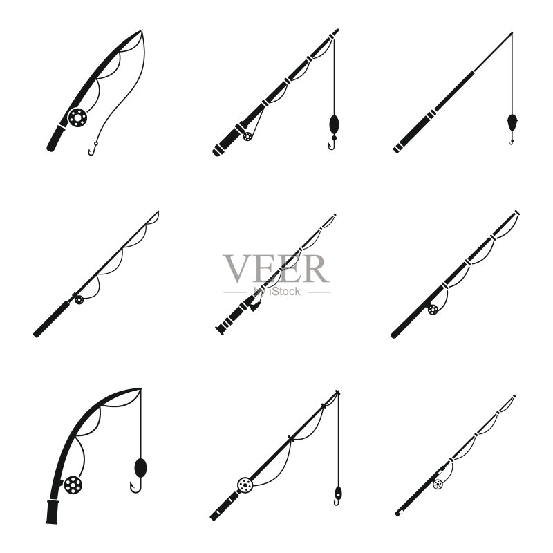 鱼竿工具图标合集,简约风格图标素材