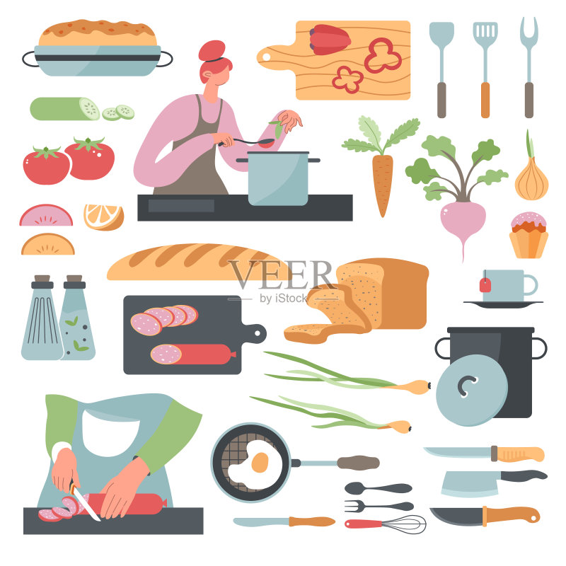女人在厨房烹饪,健康饮食营养图标素材