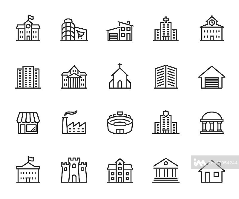 建筑线条图标矢量素材:包含购物中心、住宅、银行、教堂、工厂、体育场、城堡等图标,像素完美图标素材