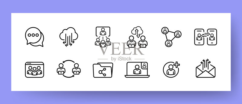 社交图标集:文件传输、消息传播、视频会议和团队合作图标素材