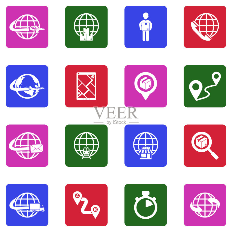 全球物流图标。白色方形扁平设计。矢量图图标素材