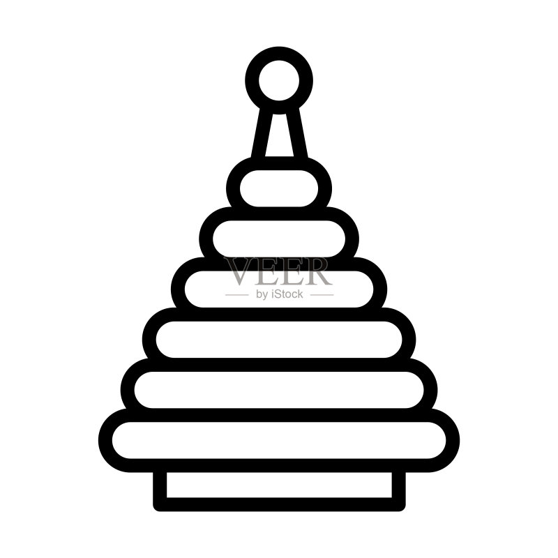 玩具系列中的金字塔玩具图标:白色背景上隔离的细线条金字塔玩具、玩具、儿童轮廓图标。用于Web和移动设备的线条矢量金字塔玩具标志、符号图标素材