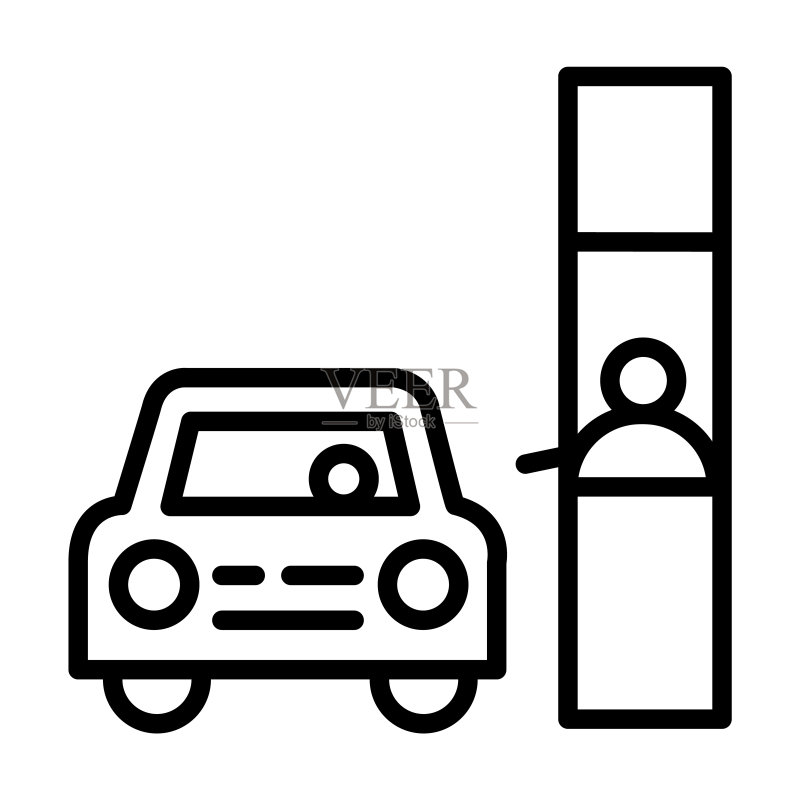 餐饮系列中的免下车图标。在白色背景上隔离的细线性免下车、驾驶、速度轮廓图标。用于Web和移动设备的线性矢量免下车标志、符号。图标素材