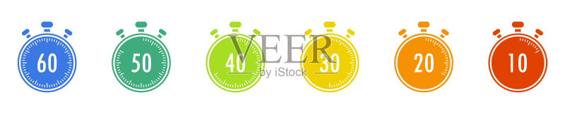 彩色定时器:10至60分钟倒计时图标图标素材