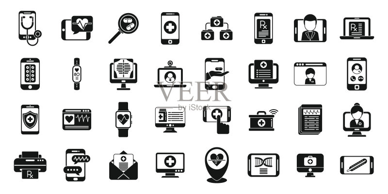 远程医疗图标集简单矢量图。远程医生图标素材