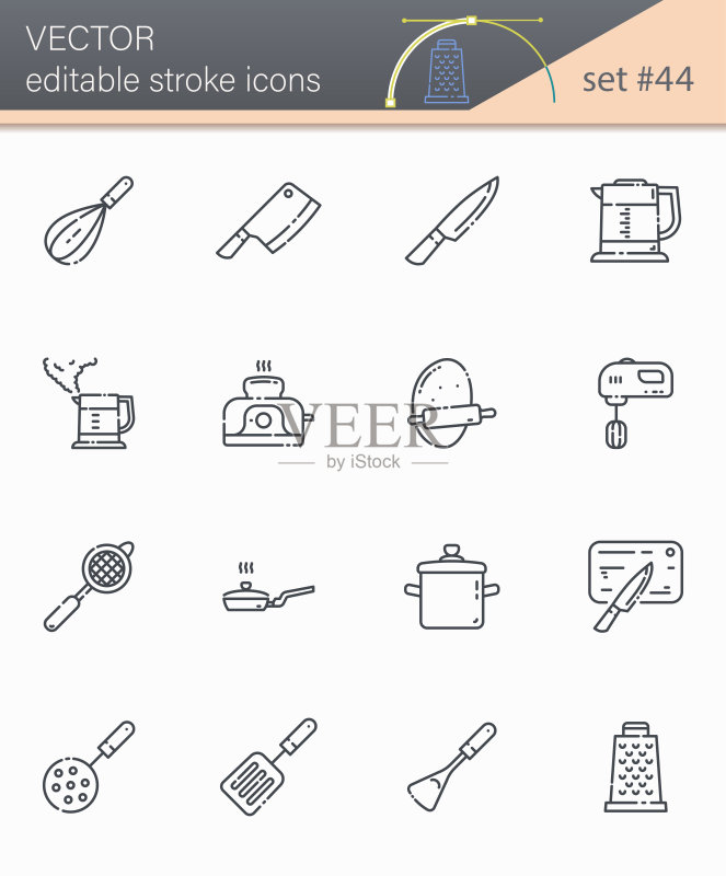 厨房用具、烹饪工具和设备可编辑笔画矢量线条图标集图标素材