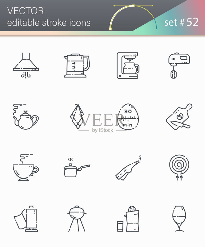 厨房用具、烹饪工具和设备描边矢量图标套装图标素材