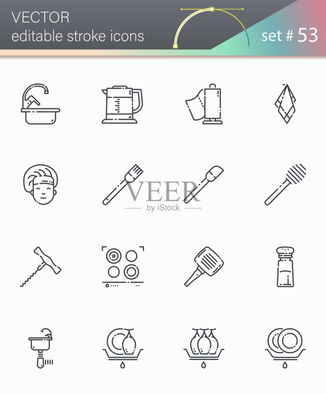 厨房用具、烹饪工具和设备矢量可编辑描边线条图标集图标素材