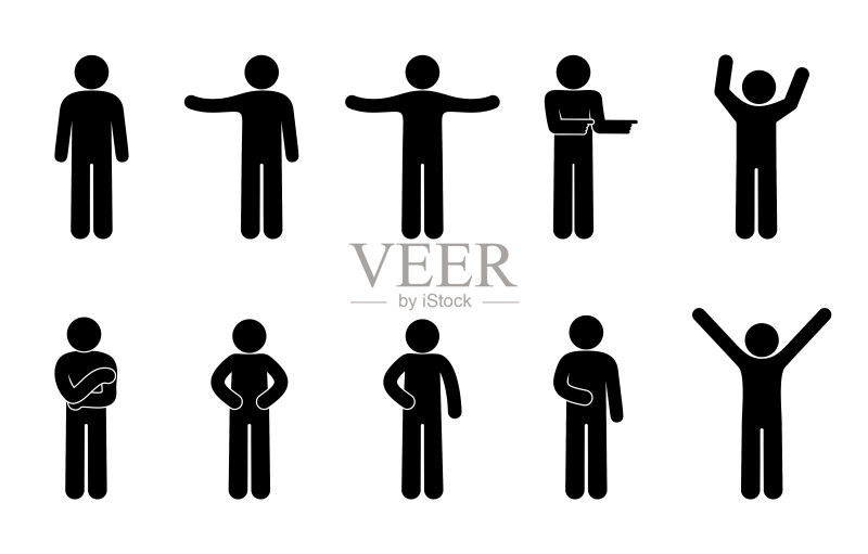 火柴人套装:手势和姿势,火柴人剪影,矢量图标人物,基础人群合集图标素材