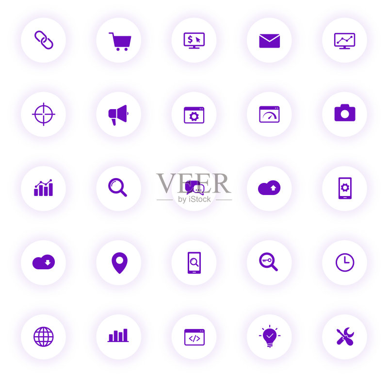 紫色SEO矢量图标,带紫色阴影的圆形按钮,适用于Web、移动应用、UI设计和印刷图标素材