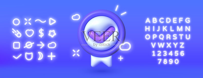 用于网页设计的3D复选标记集。霓虹灯盾牌复选标记图标。矢量设计。隔离背景。3D矢量。复选标记右矢量图标。勾号图标。隔离图标集图标素材