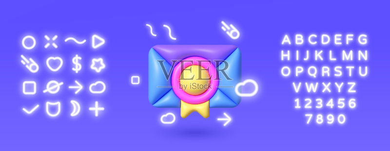 蓝色背景上的3D霓虹电子邮件。3D渲染插图。隔离矢量插图。商业图标。消息通知图标。渲染新邮件通知图标素材