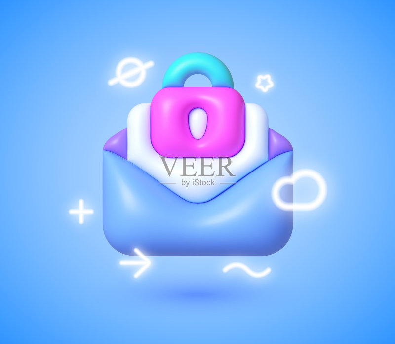 3D霓虹灯图标:网页安全邮件数据保护Web banner 3D矢量图标图标素材