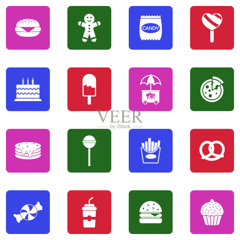 儿童食品图标。方形白色扁平设计。矢量插画。图标素材