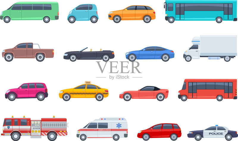 城市交通工具系列:警车、救护车、消防车图标素材