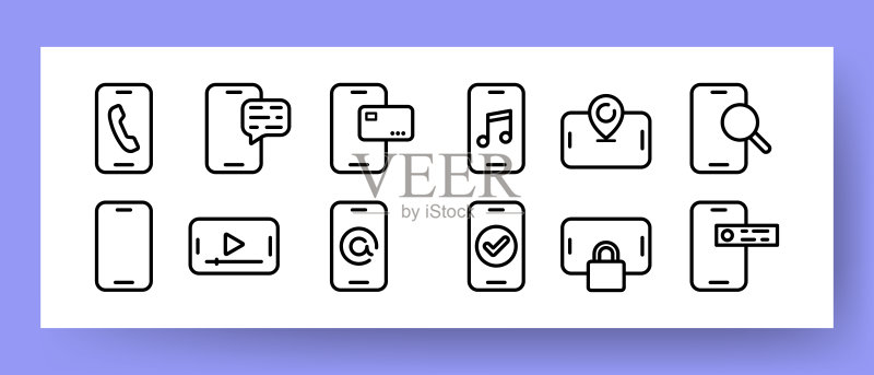 电话使用设置图标:带有手机、消息、地图、视频、音乐、搜索、GPS、浏览器等的电话。IT概念。商务和广告矢量线条图标图标素材