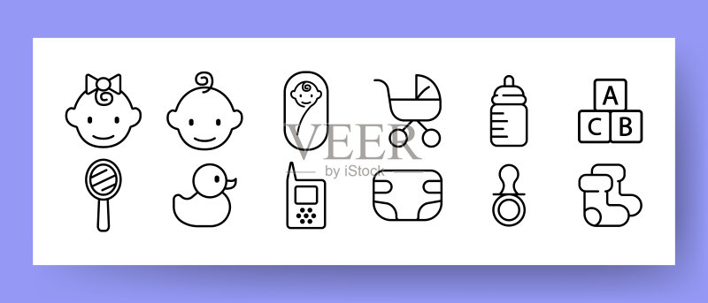 婴儿用品套装:儿童车、奶瓶、积木、镜子、鸭子玩具、尿布、奶嘴、袜子、婴儿监视器。儿童概念。商业和广告矢量线条图标图标素材