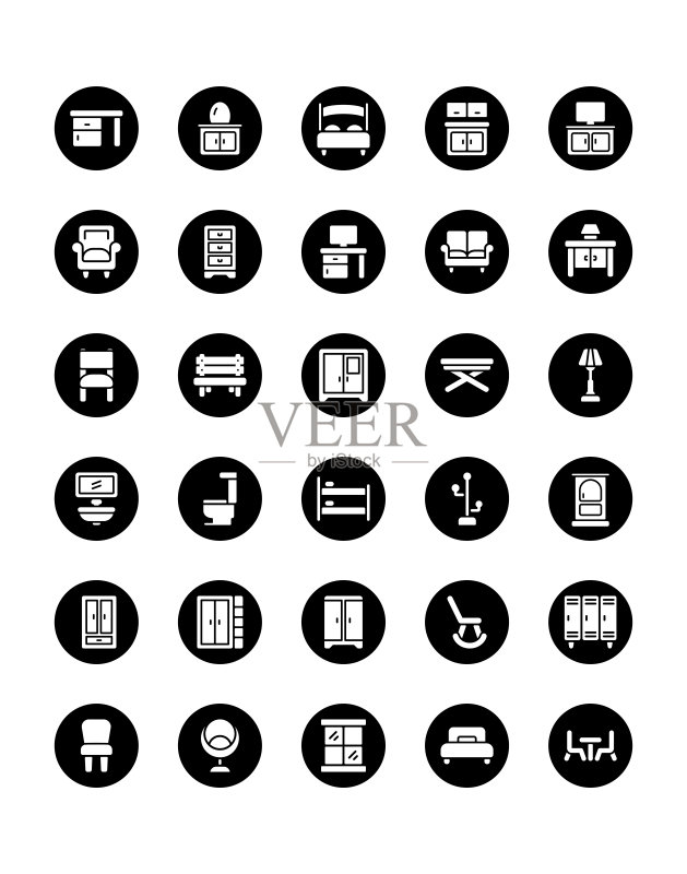 白色背景上的30个独立家具图标集图标素材