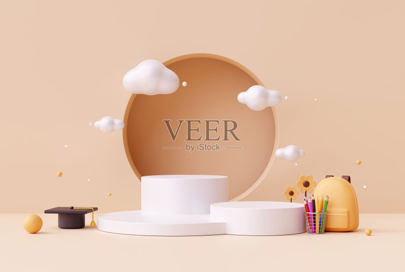 白色平台或产品展示台座文具设备儿童教育销售广告概念在黄色背景上3d渲染正版图片素材